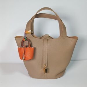 👜 Designer Inspired Tan Bucket Bag Gold Lock Mini Purse Charm Vegan Leather New